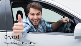  Presentation with car - Presentation enhanced with young man smiling and showing background and a light blue colored foreground