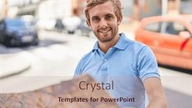  Presentation with city map - PPT theme with young-man-smiling-confident-holding background and a coral colored foreground