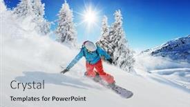  Presentation with running mountains - Cool new slide deck with young man snowboarder running down the slope in alpine mountains winter sport and recreation leasure outdoor activities backdrop and a light gray colored foreground