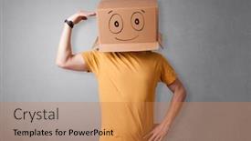  Presentation with cardboard - Presentation with young man standing and gesturing with a cardboard box on his head with drawn smiley face background and a coral colored foreground