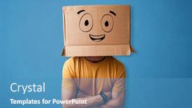  Presentation with cardboard - Colorful slide deck enhanced with young man standing and gesturing with a cardboard box on his head with drawn smiley face backdrop and a teal colored foreground