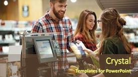  Presentation with cheerful - Amazing slide set having young man standing in supermarket backdrop and a tawny brown colored foreground