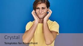  Presentation with blue music - PPT theme consisting of young-man-standing-over-blue background and a coral colored foreground