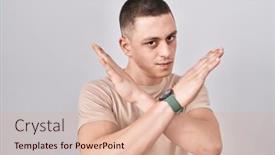  Presentation with negative - Slides featuring young-man-standing-over-isolated background and a coral colored foreground