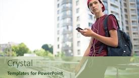  Presentation with backpack - PPT layouts having young-man-stands-with-backpack background and a mint green colored foreground