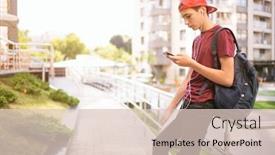  Presentation with backpack - PPT theme featuring young-man-stands-with-backpack background and a lemonade colored foreground