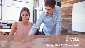  Presentation with woman office desk - Audience pleasing PPT layouts consisting of young man stands working with a woman at her desk in office backdrop and a coral colored foreground