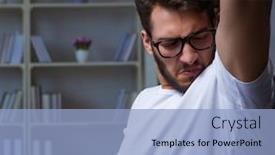  Presentation with office ergonomics man worker exercising - PPT theme enhanced with young man staying late in office to do overtime work background and a light blue colored foreground