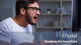  Presentation with office ergonomics man worker exercising - Beautiful PPT theme featuring young man staying late in office to do overtime work backdrop and a ocean colored foreground