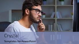  Presentation with office ergonomics man worker exercising - Presentation theme having young man staying late in office to do overtime work background and a light blue colored foreground