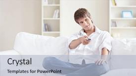  Presentation with electronic switch - Beautiful PPT theme featuring young man switch tv channels backdrop and a  colored foreground