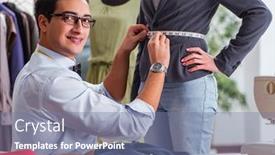  Presentation with worried young female college student - Presentation theme with young-man-tailor-working background and a seafoam green colored foreground