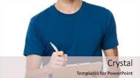  Presentation with take - Cool new slide deck with young man take note on clipboard backdrop and a light gray colored foreground