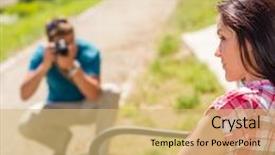  Presentation with man sitting bench - PPT layouts featuring young man take photo of his girlfriend sitting park bench background and a yellow colored foreground