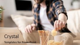  Presentation with chip - Presentation theme with young man taking potato chip background and a coral colored foreground