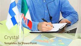  Presentation with company - Cool new slides with young-man-talking-on-headset backdrop and a soft green colored foreground