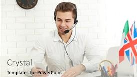  Presentation with office - Amazing PPT theme having young-man-talking-on-headset backdrop and a sky blue colored foreground