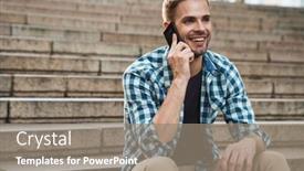  Presentation with steps - Colorful presentation design enhanced with young-man-talking-on-mobile backdrop and a gray colored foreground