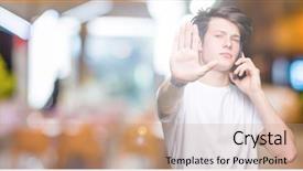  Presentation with smartphone - Cool new slide deck with young man talking on smartphone backdrop and a  colored foreground