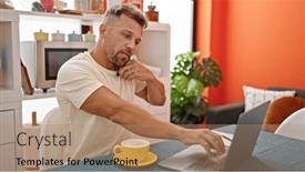  Presentation with computer-room - Presentation design having young-man-talking-on-smartphone background and a coral colored foreground