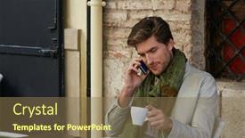  Presentation with coffe - PPT theme with young man talking smartphone phone in an cafe outdoor sitting having some coffe background and a violet colored foreground