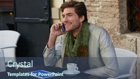  Presentation with coffe - PPT theme enhanced with young man talking smartphone phone in an cafe outdoor sitting having some coffe background and a ocean colored foreground