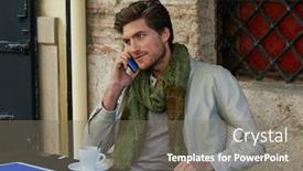  Presentation with coffe - PPT layouts having young man talking smartphone phone in an cafe outdoor sitting having some coffe background and a gray colored foreground