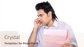  Presentation with man holding phone - Colorful PPT theme enhanced with young man talking on the phone and holding papers isolated on white background backdrop and a lemonade colored foreground