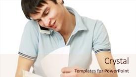  Presentation with man holding phone - PPT layouts featuring young man talking on the phone and holding folder with papers isolated on white background background and a lemonade colored foreground