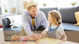  Presentation with helping man - Beautiful PPT layouts featuring young man talking to his little adorable daughter while helping her to draw with highlighters backdrop and a coral colored foreground