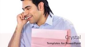  Presentation with man holding phone - Slides having young man talking on the phone and holding papers isolated on white background background and a lemonade colored foreground