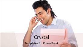  Presentation with man holding phone - Amazing PPT theme having young man talking on the phone and holding papers isolated on white background backdrop and a lemonade colored foreground