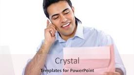  Presentation with man holding phone - Audience pleasing slides consisting of young man talking on the phone and holding papers isolated on white background backdrop and a lemonade colored foreground