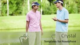  Presentation with course - Slide deck featuring young man talking on the golf course background and a mint green colored foreground