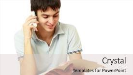  Presentation with man holding phone - Beautiful PPT theme featuring young man talking on the phone and holding folder with papers isolated on white background backdrop and a light gray colored foreground