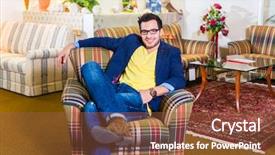  Presentation with testing - Beautiful presentation theme featuring young man testing and buying armchair in furniture store backdrop and a tawny brown colored foreground