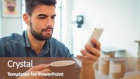  Presentation with cafeteria - Audience pleasing slides consisting of young man text messaging on mobile phone while having coffee in office cafeteria backdrop and a red colored foreground