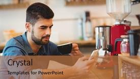  Presentation with cafeteria - PPT layouts featuring young man text messaging on mobile phone while having coffee in office cafeteria background and a red colored foreground