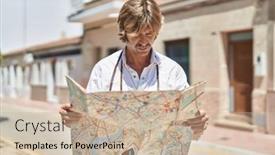  Presentation with city map - Slides consisting of young-man-tourist-looking-city background and a mint green colored foreground