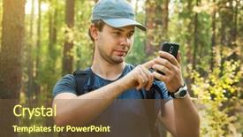  Presentation with maps - Cool new presentation theme with young man tourist looking maps on smartphone in forest backdrop and a tawny brown colored foreground