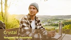  Presentation with man sitting bench - Slide deck having young-man-tourist-with-backpack background and a tawny brown colored foreground