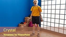  Presentation with resistance - Slide set having young-man-training-arm-resistance background and a coral colored foreground