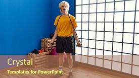  Presentation with resistance - Presentation theme having young-man-training-arm-resistance background and a coral colored foreground