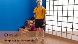  Presentation with resistance - Presentation design having young-man-training-arm-resistance background and a coral colored foreground