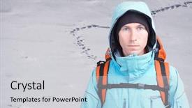  Presentation with footprints - Cool new PPT layouts with footmark - young man traveler standing backdrop and a light gray colored foreground