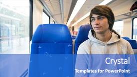 Presentation with man on train - Theme featuring young man traveling in train background and a cobalt blue colored foreground