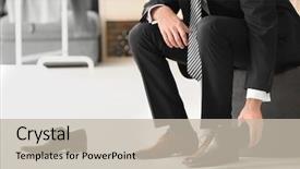  Presentation with greeiting show man - Colorful theme enhanced with young man trying on shoes backdrop and a mint green colored foreground