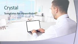  Presentation with office ergonomics man worker exercising - Presentation theme featuring young man typing on laptop background and a  colored foreground