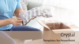  Presentation with mobil home park - Slides with young man unpacking parcel background and a coral colored foreground