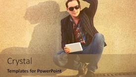  Presentation with black man fashion - Colorful slide set enhanced with young man using digital tablet computer sitting at the wall in city street stylish fashion model in black suit jacket and dark blue jeans outdoor backdrop and a coral colored foreground